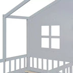 Lit cabane pour jumeaux, lit plateforme pour enfants avec canapé, deux tiroirs et étagère de rangement