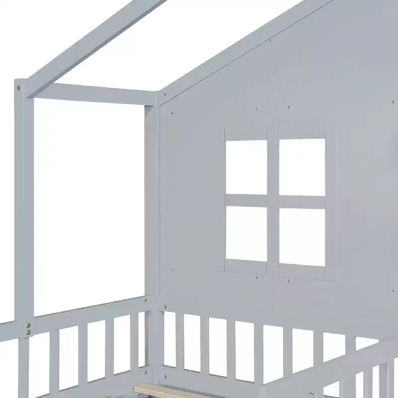 Lit cabane pour jumeaux, lit plateforme pour enfants avec canapé, deux tiroirs et étagère de rangement