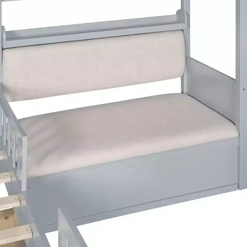 Lit cabane pour jumeaux, lit plateforme pour enfants avec canapé, deux tiroirs et étagère de rangement