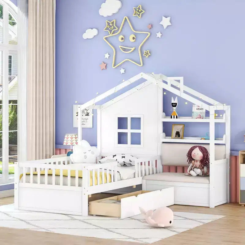 Lit cabane pour jumeaux, lit plateforme pour enfants avec canapé, deux tiroirs et étagère de rangement