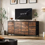 Commode 63 pouces Modern Accent, meuble TV pour téléviseurs 65/70/75 pouces, armoire à 14 tiroirs pour chambre à coucher, grande commode longue en tissu pour centre de divertissement