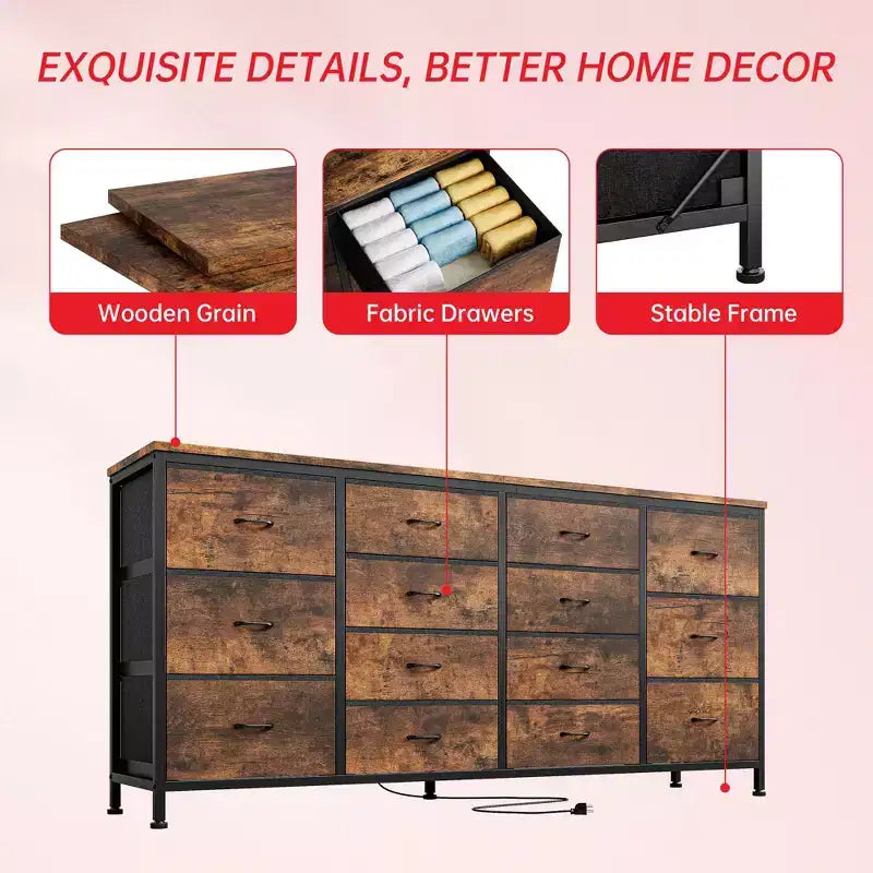 Commode 63 pouces Modern Accent, meuble TV pour téléviseurs 65/70/75 pouces, armoire à 14 tiroirs pour chambre à coucher, grande commode longue en tissu pour centre de divertissement