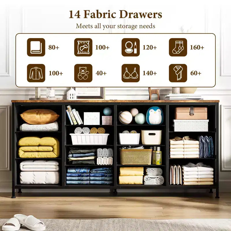 Commode 63 pouces Modern Accent, meuble TV pour téléviseurs 65/70/75 pouces, armoire à 14 tiroirs pour chambre à coucher, grande commode longue en tissu pour centre de divertissement