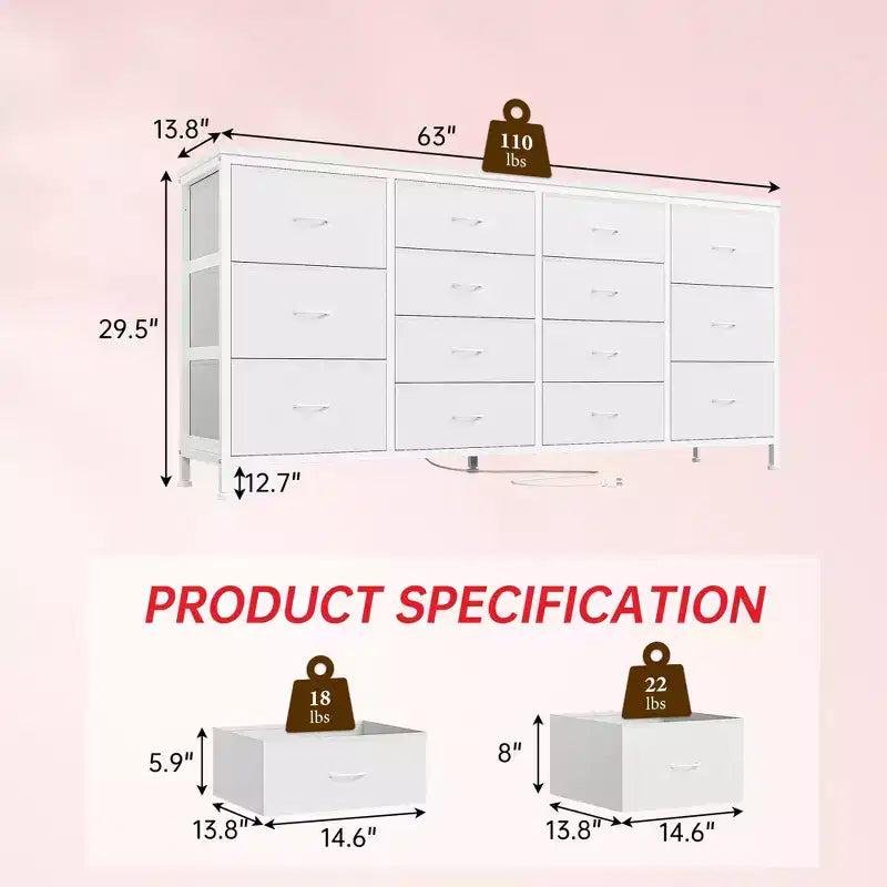Commode 63 pouces Modern Accent, meuble TV pour téléviseurs 65/70/75 pouces, armoire à 14 tiroirs pour chambre à coucher, grande commode longue en tissu pour centre de divertissement