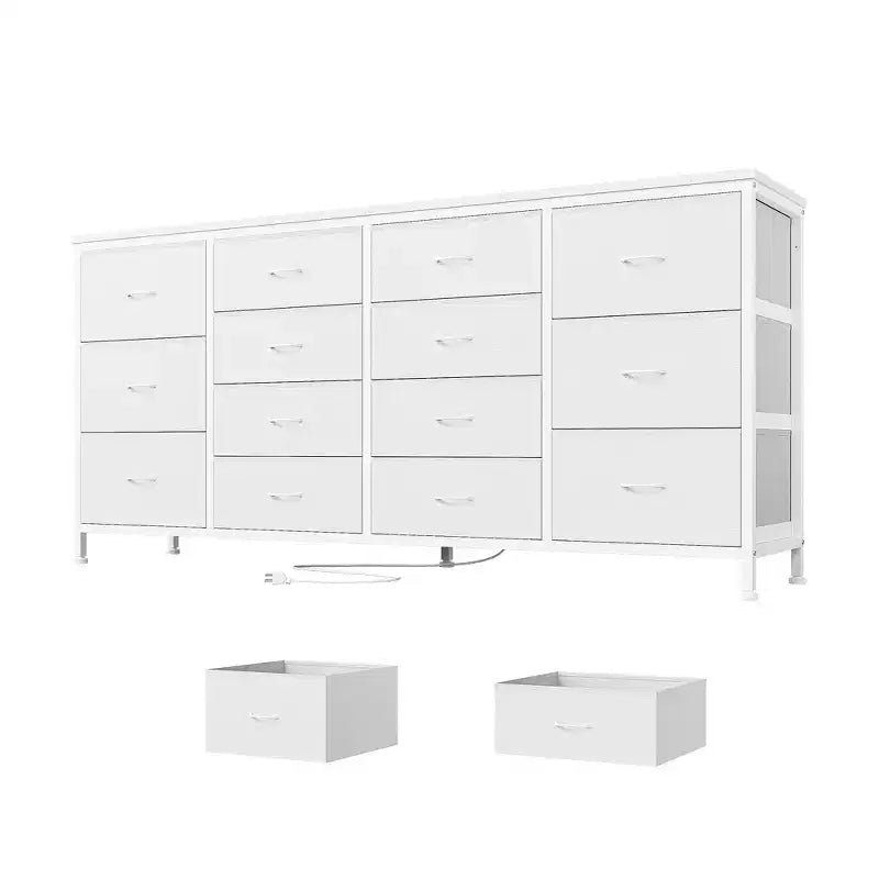 Commode 63 pouces Modern Accent, meuble TV pour téléviseurs 65/70/75 pouces, armoire à 14 tiroirs pour chambre à coucher, grande commode longue en tissu pour centre de divertissement