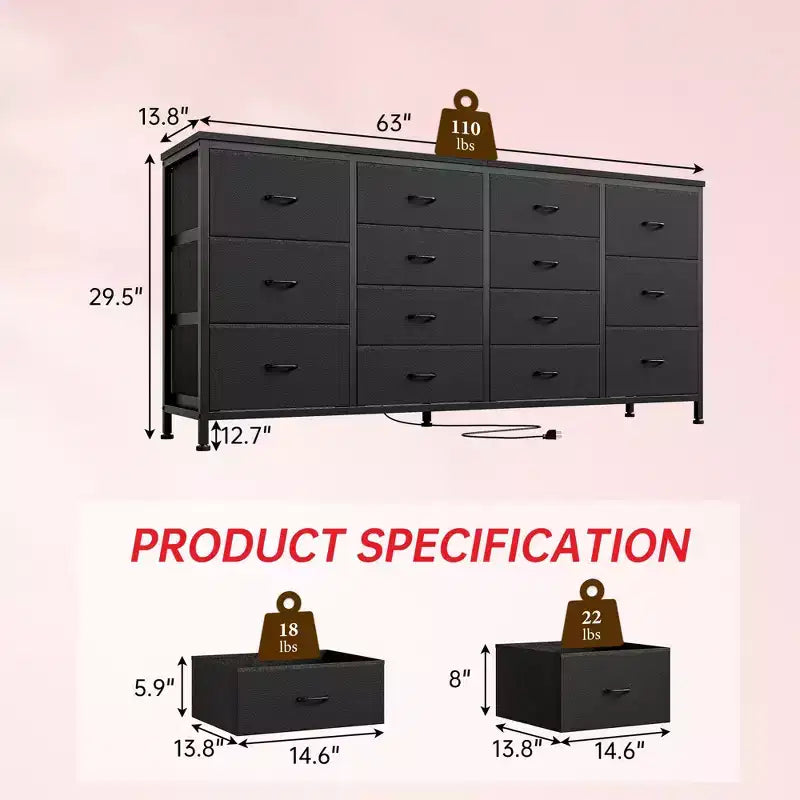 Commode 63 pouces Modern Accent, meuble TV pour téléviseurs 65/70/75 pouces, armoire à 14 tiroirs pour chambre à coucher, grande commode longue en tissu pour centre de divertissement