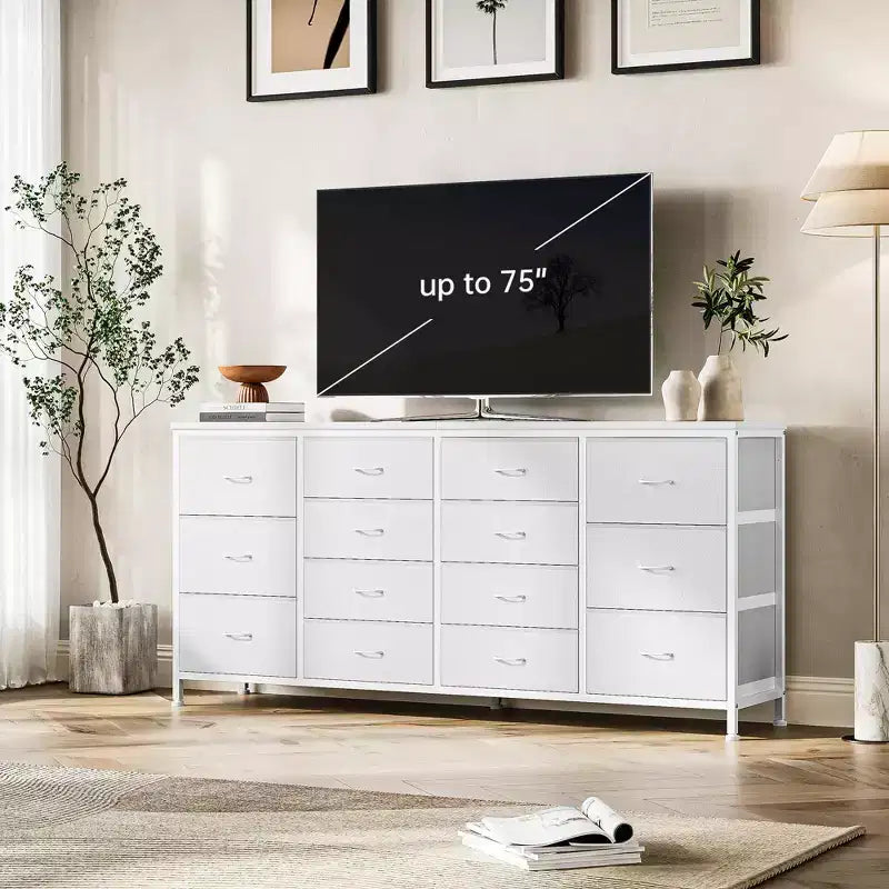 Commode 63 pouces Modern Accent, meuble TV pour téléviseurs 65/70/75 pouces, armoire à 14 tiroirs pour chambre à coucher, grande commode longue en tissu pour centre de divertissement