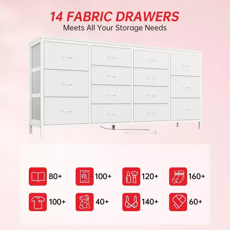Commode 63 pouces Modern Accent, meuble TV pour téléviseurs 65/70/75 pouces, armoire à 14 tiroirs pour chambre à coucher, grande commode longue en tissu pour centre de divertissement