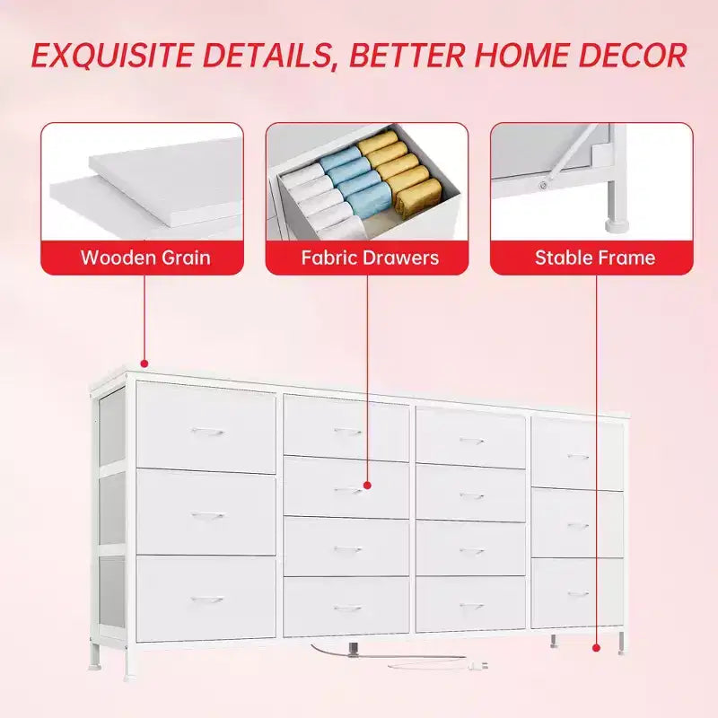 Commode 63 pouces Modern Accent, meuble TV pour téléviseurs 65/70/75 pouces, armoire à 14 tiroirs pour chambre à coucher, grande commode longue en tissu pour centre de divertissement