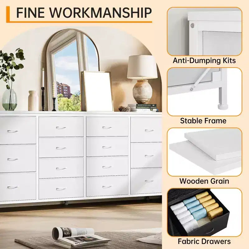 Commode 63 pouces Modern Accent, meuble TV pour téléviseurs 65/70/75 pouces, armoire à 14 tiroirs pour chambre à coucher, grande commode longue en tissu pour centre de divertissement