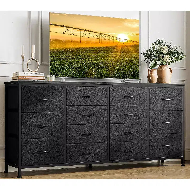 Commode 63 pouces Modern Accent, meuble TV pour téléviseurs 65/70/75 pouces, armoire à 14 tiroirs pour chambre à coucher, grande commode longue en tissu pour centre de divertissement