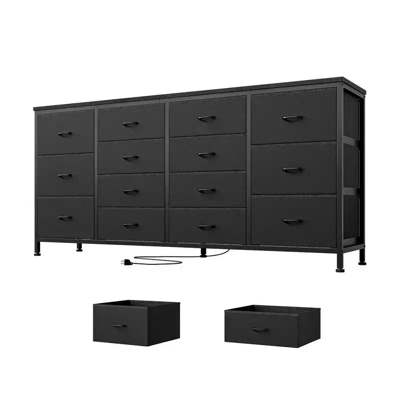 Commode 63 pouces Modern Accent, meuble TV pour téléviseurs 65/70/75 pouces, armoire à 14 tiroirs pour chambre à coucher, grande commode longue en tissu pour centre de divertissement