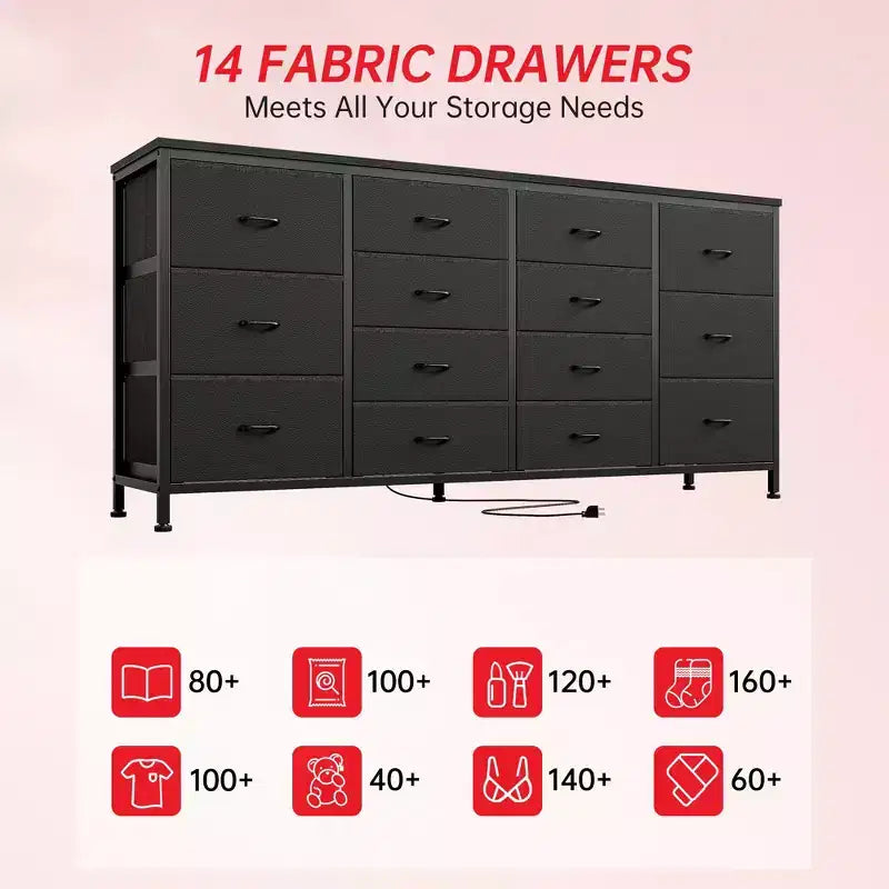 Commode 63 pouces Modern Accent, meuble TV pour téléviseurs 65/70/75 pouces, armoire à 14 tiroirs pour chambre à coucher, grande commode longue en tissu pour centre de divertissement