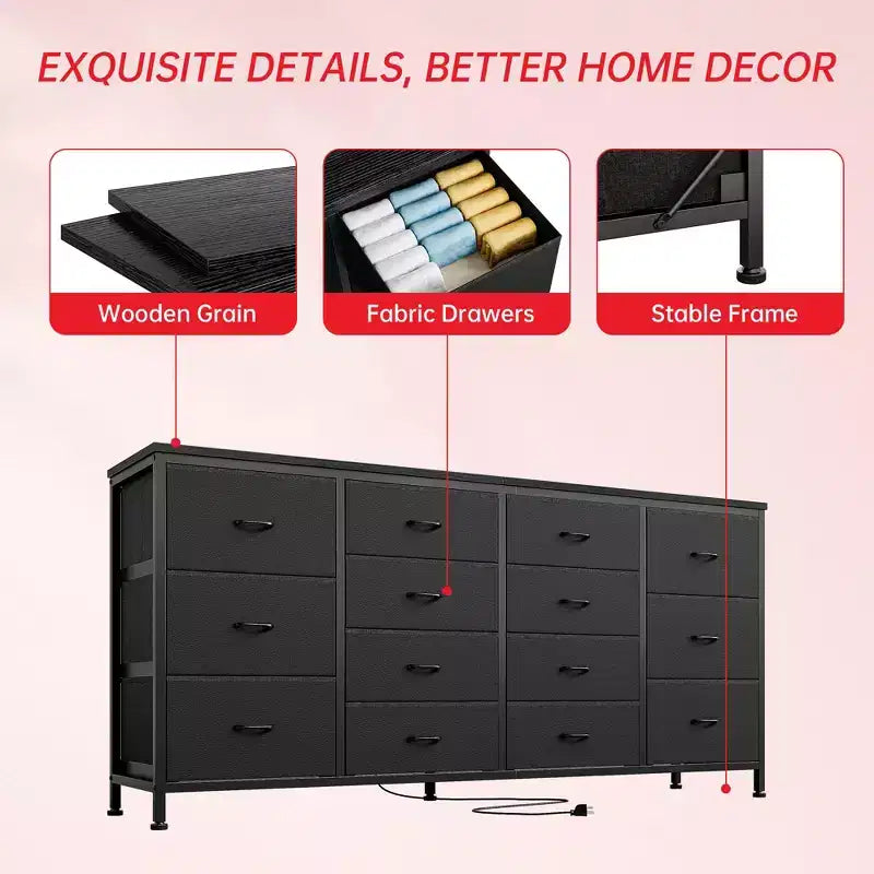 Commode 63 pouces Modern Accent, meuble TV pour téléviseurs 65/70/75 pouces, armoire à 14 tiroirs pour chambre à coucher, grande commode longue en tissu pour centre de divertissement