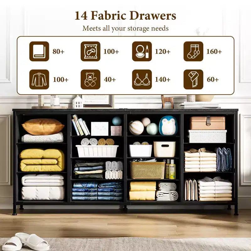 Commode 63 pouces Modern Accent, meuble TV pour téléviseurs 65/70/75 pouces, armoire à 14 tiroirs pour chambre à coucher, grande commode longue en tissu pour centre de divertissement