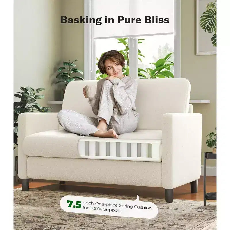 Canapé deux places causeuse 130 cm, tissu Teddy doux et cadre en bois massif, canapé compact pour appartement avec assemblage sans outils pour petits espaces
