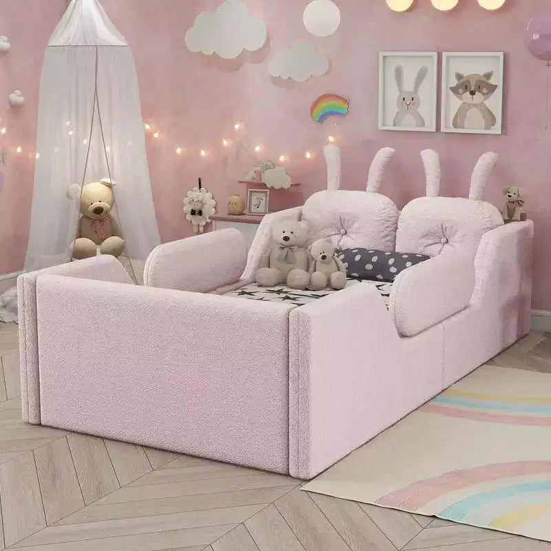Lits de sol capitonnés modernes pour lits jumeaux avec coussin lapin et rails latéraux amovibles, lit plateforme en bois pour chambre d'enfants, chambre à coucher