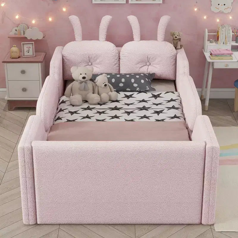 Lits de sol capitonnés modernes pour lits jumeaux avec coussin lapin et rails latéraux amovibles, lit plateforme en bois pour chambre d'enfants, chambre à coucher