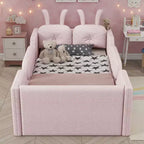Lits de sol capitonnés modernes pour lits jumeaux avec coussin lapin et rails latéraux amovibles, lit plateforme en bois pour chambre d'enfants, chambre à coucher
