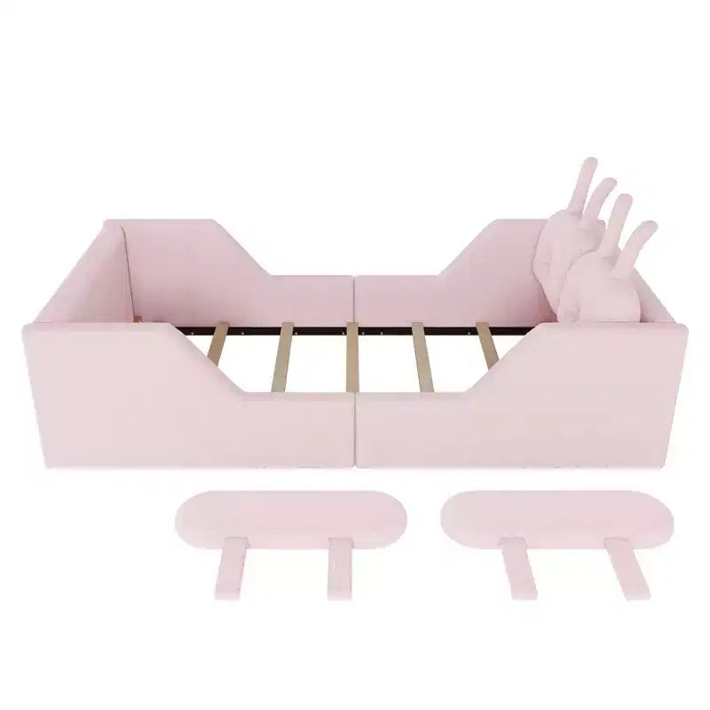 Lits de sol capitonnés modernes pour lits jumeaux avec coussin lapin et rails latéraux amovibles, lit plateforme en bois pour chambre d'enfants, chambre à coucher