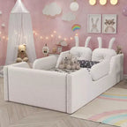 Lits de sol capitonnés modernes pour lits jumeaux avec coussin lapin et rails latéraux amovibles, lit plateforme en bois pour chambre d'enfants, chambre à coucher