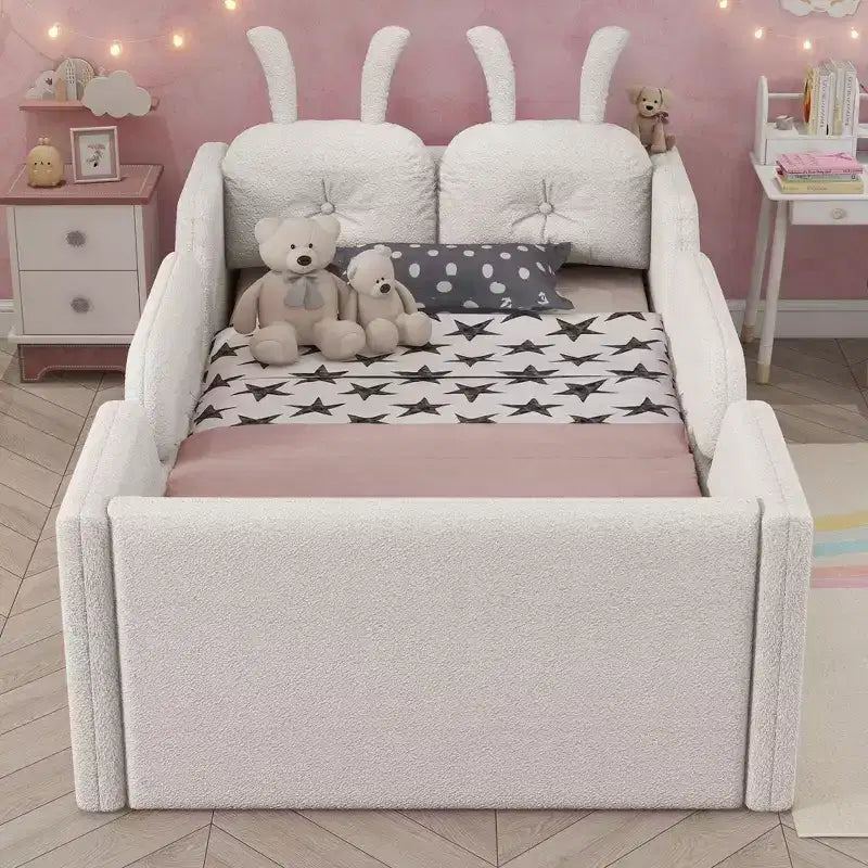 Lits de sol capitonnés modernes pour lits jumeaux avec coussin lapin et rails latéraux amovibles, lit plateforme en bois pour chambre d'enfants, chambre à coucher