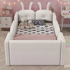 Lits de sol capitonnés modernes pour lits jumeaux avec coussin lapin et rails latéraux amovibles, lit plateforme en bois pour chambre d'enfants, chambre à coucher