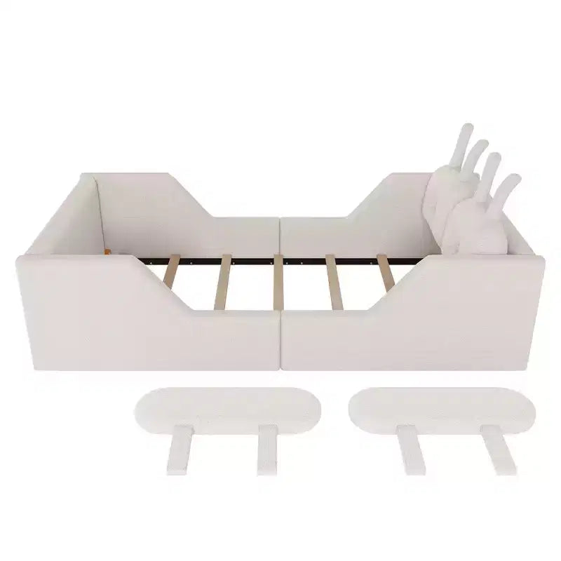 Lits de sol capitonnés modernes pour lits jumeaux avec coussin lapin et rails latéraux amovibles, lit plateforme en bois pour chambre d'enfants, chambre à coucher
