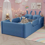 Lits de sol capitonnés modernes pour lits jumeaux avec coussin lapin et rails latéraux amovibles, lit plateforme en bois pour chambre d'enfants, chambre à coucher