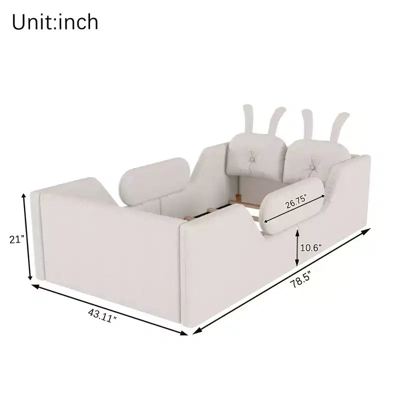 Lits de sol capitonnés modernes pour lits jumeaux avec coussin lapin et rails latéraux amovibles, lit plateforme en bois pour chambre d'enfants, chambre à coucher