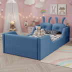 Lits de sol capitonnés modernes pour lits jumeaux avec coussin lapin et rails latéraux amovibles, lit plateforme en bois pour chambre d'enfants, chambre à coucher