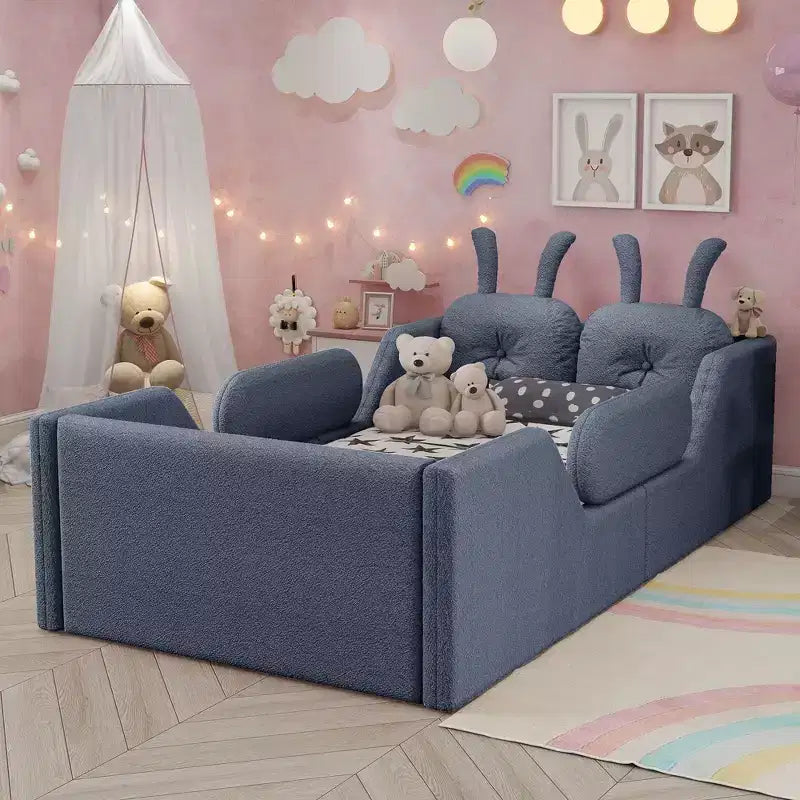Lits de sol capitonnés modernes pour lits jumeaux avec coussin lapin et rails latéraux amovibles, lit plateforme en bois pour chambre d'enfants, chambre à coucher