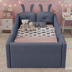 Lits de sol capitonnés modernes pour lits jumeaux avec coussin lapin et rails latéraux amovibles, lit plateforme en bois pour chambre d'enfants, chambre à coucher