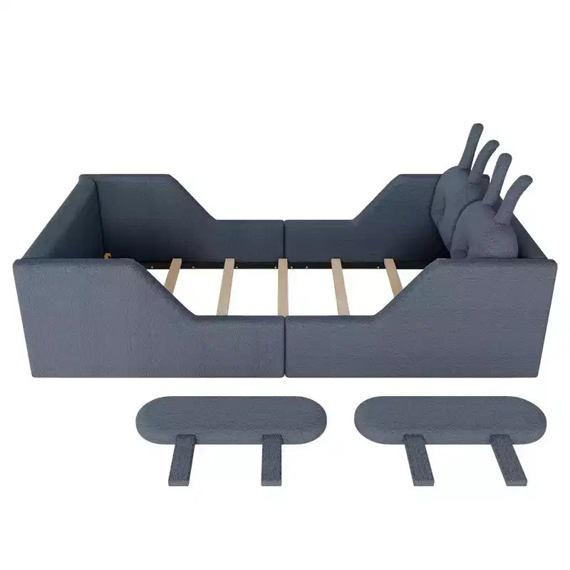 Lits de sol capitonnés modernes pour lits jumeaux avec coussin lapin et rails latéraux amovibles, lit plateforme en bois pour chambre d'enfants, chambre à coucher