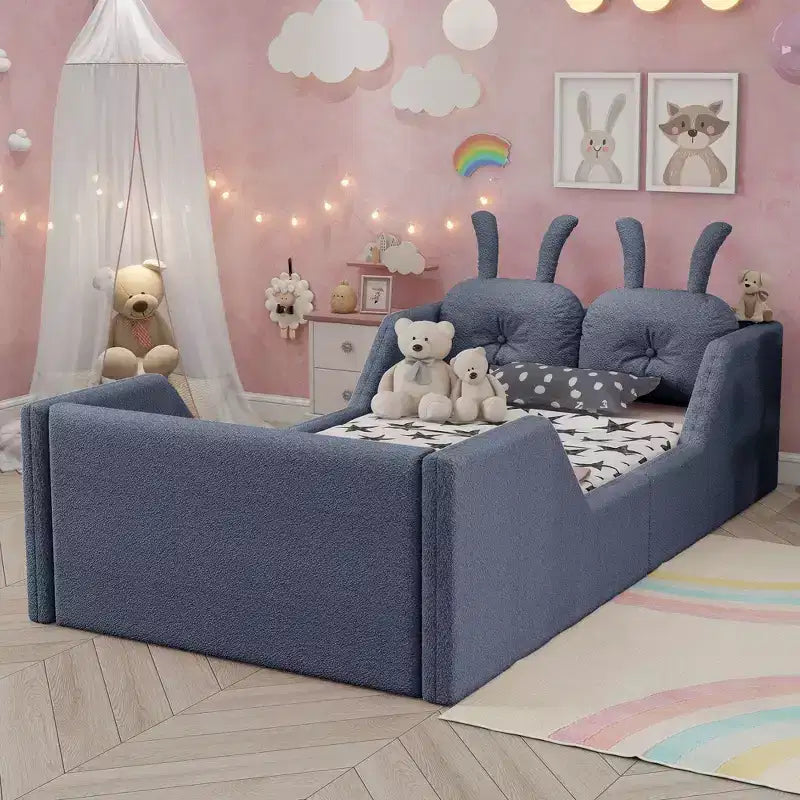 Lits de sol capitonnés modernes pour lits jumeaux avec coussin lapin et rails latéraux amovibles, lit plateforme en bois pour chambre d'enfants, chambre à coucher