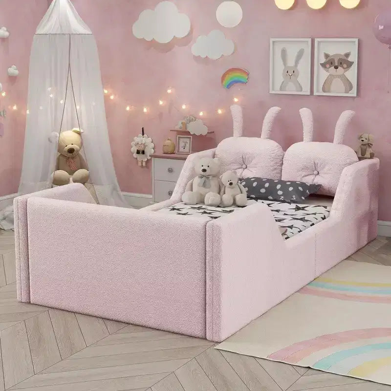 Lits de sol capitonnés modernes pour lits jumeaux avec coussin lapin et rails latéraux amovibles, lit plateforme en bois pour chambre d'enfants, chambre à coucher