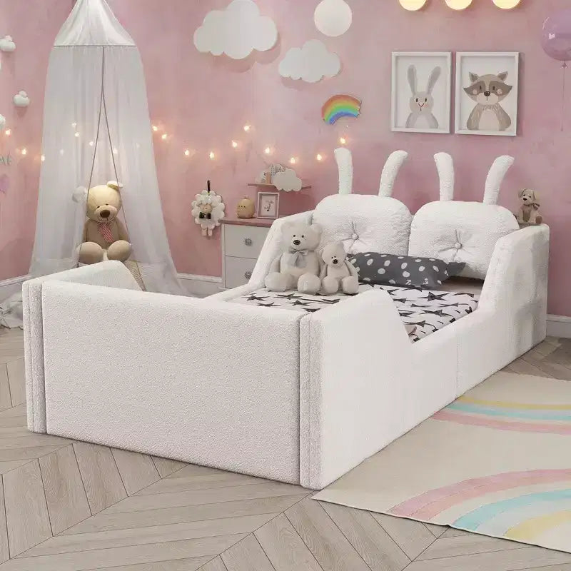 Lits de sol capitonnés modernes pour lits jumeaux avec coussin lapin et rails latéraux amovibles, lit plateforme en bois pour chambre d'enfants, chambre à coucher
