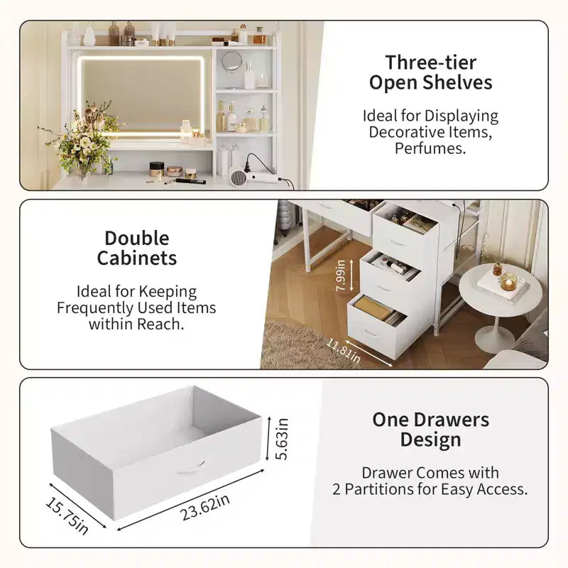 Coiffeuse avec miroir, table de maquillage de 90 cm avec 4 tiroirs en tissu et étagères de rangement