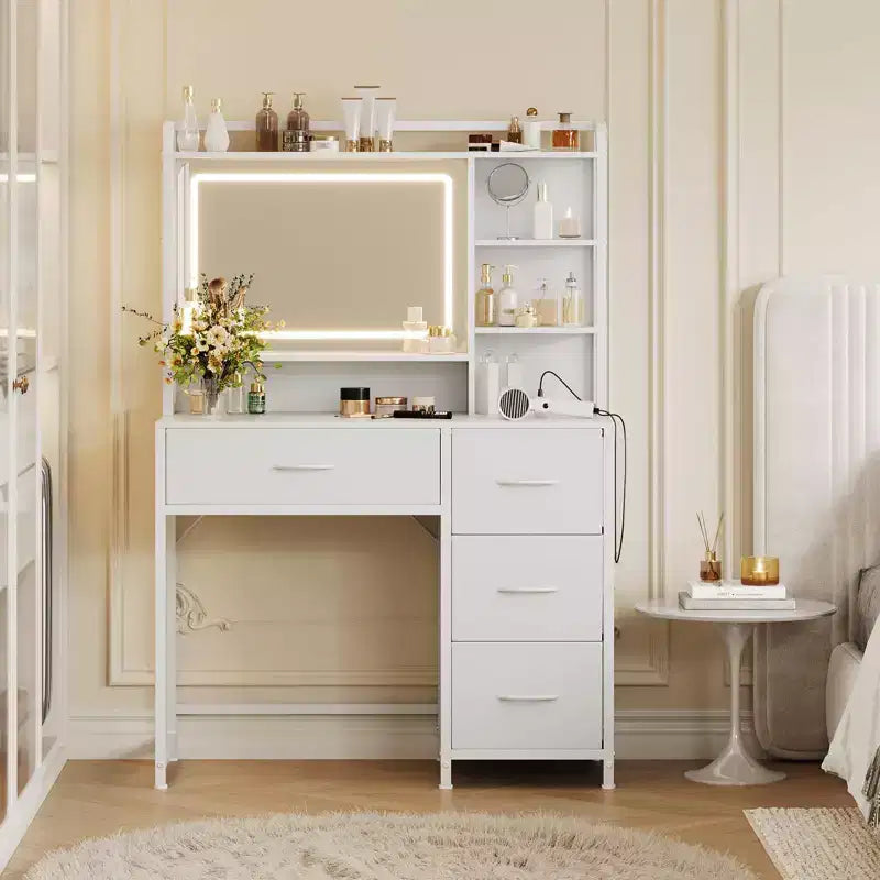 Coiffeuse avec miroir, table de maquillage de 90 cm avec 4 tiroirs en tissu et étagères de rangement