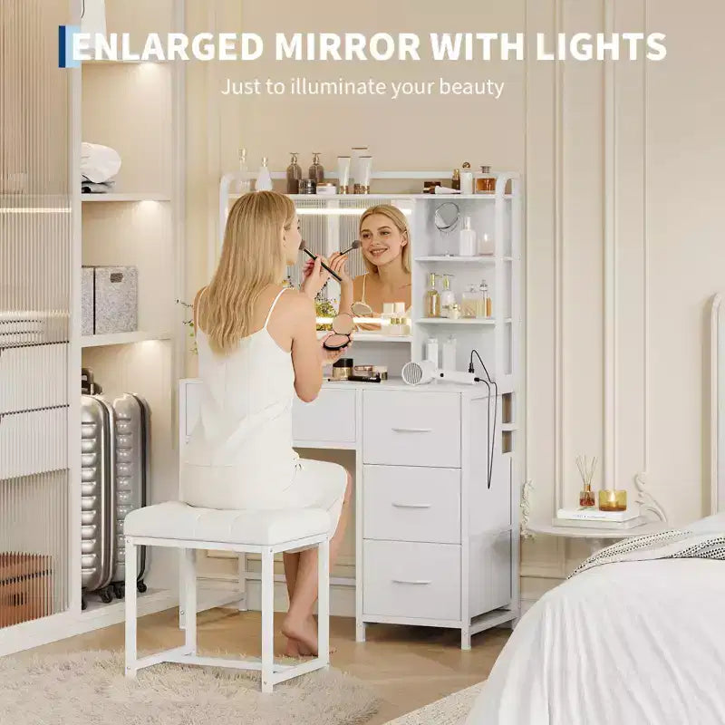 Coiffeuse avec miroir, table de maquillage de 90 cm avec 4 tiroirs en tissu et étagères de rangement
