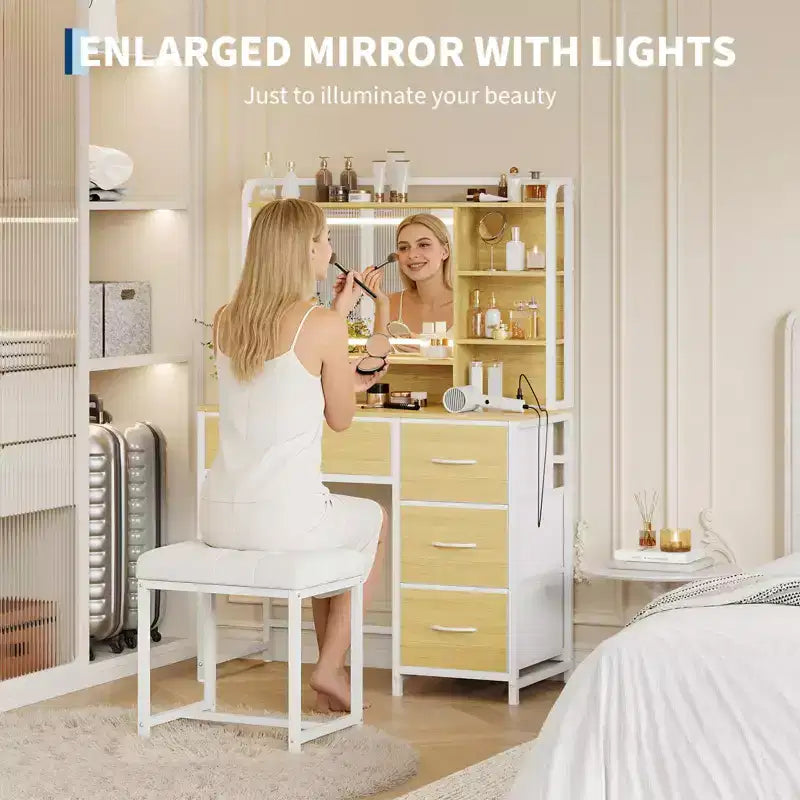 Coiffeuse avec miroir, table de maquillage de 90 cm avec 4 tiroirs en tissu et étagères de rangement