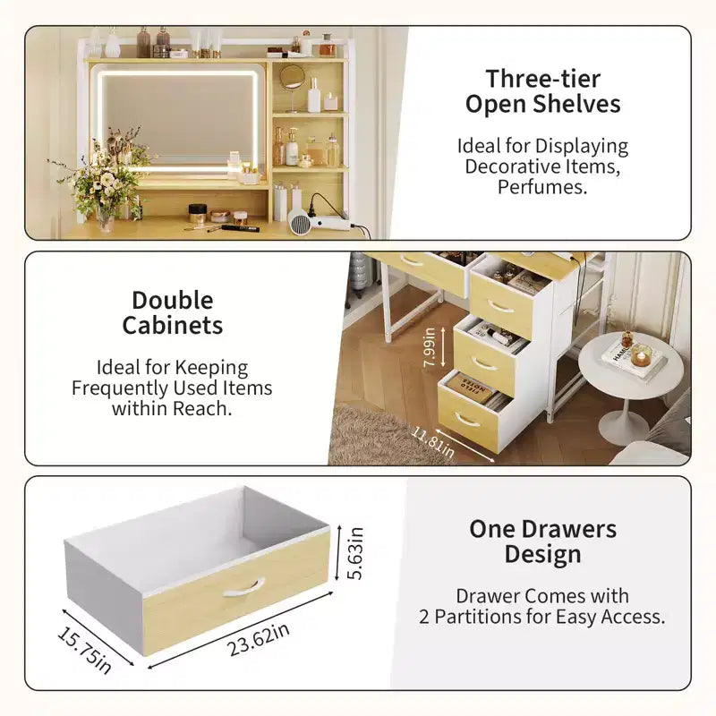 Coiffeuse avec miroir, table de maquillage de 90 cm avec 4 tiroirs en tissu et étagères de rangement
