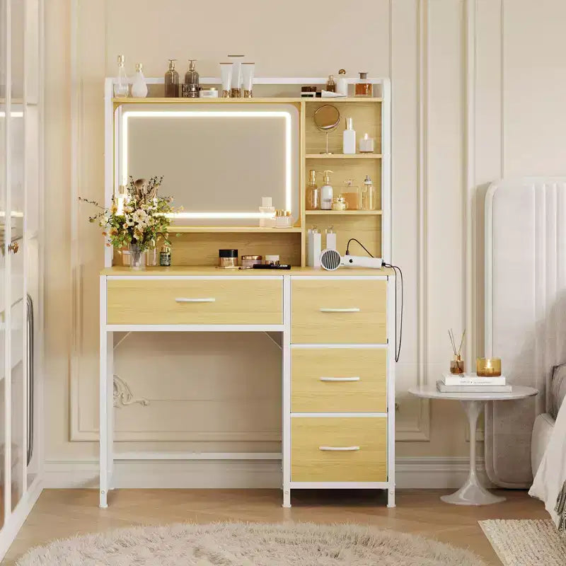 Coiffeuse avec miroir, table de maquillage de 90 cm avec 4 tiroirs en tissu et étagères de rangement