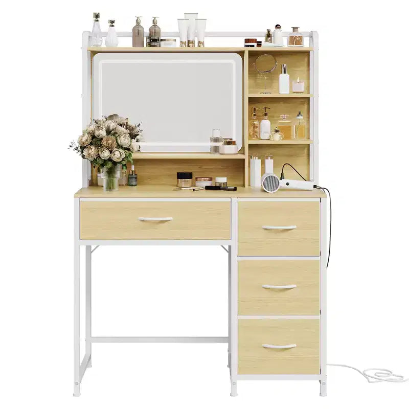 Coiffeuse avec miroir, table de maquillage de 90 cm avec 4 tiroirs en tissu et étagères de rangement
