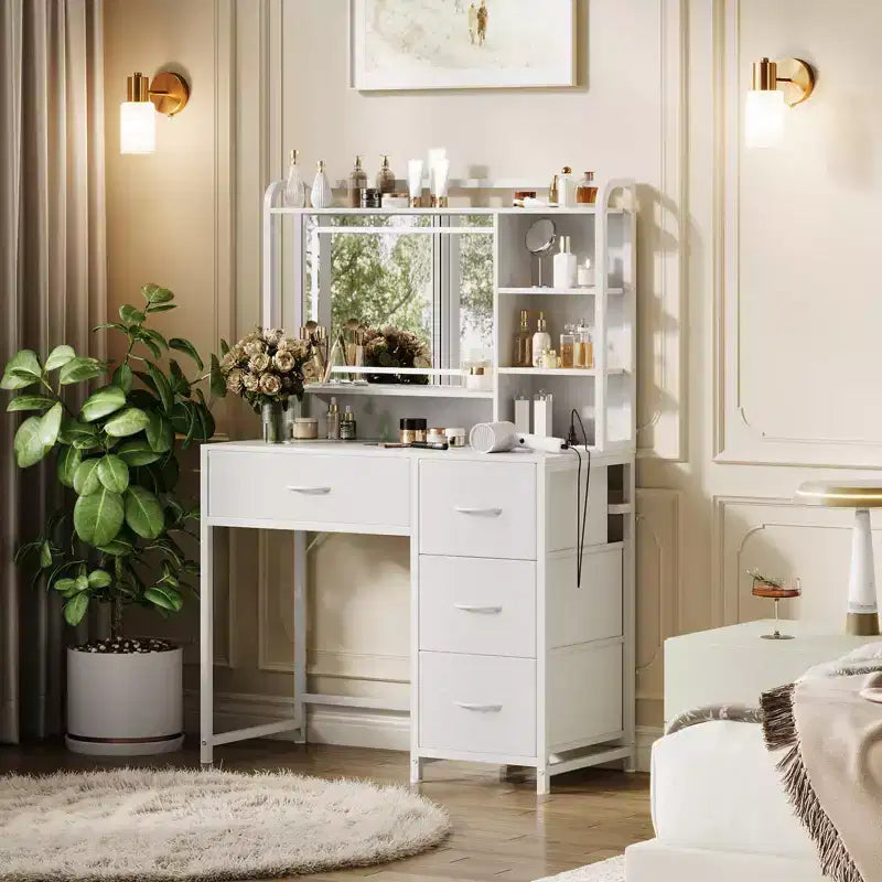 Coiffeuse avec miroir, table de maquillage de 90 cm avec 4 tiroirs en tissu et étagères de rangement