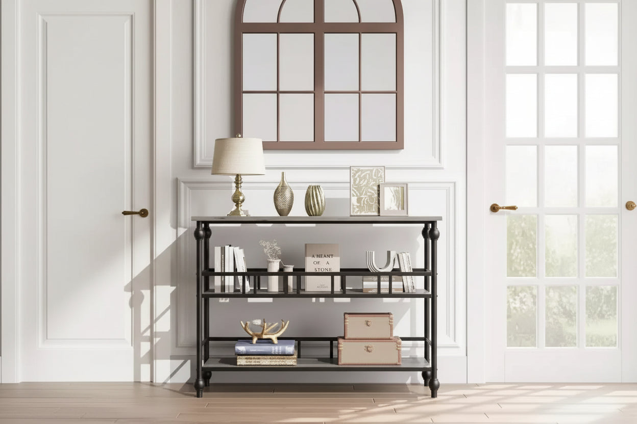 Narrow Console Table Vintage Farmhouse Style 43 Inch Sofa Side Table with 2 Open Shelves Decorative Roman Metal Legs for Living Room Hallway Entryway