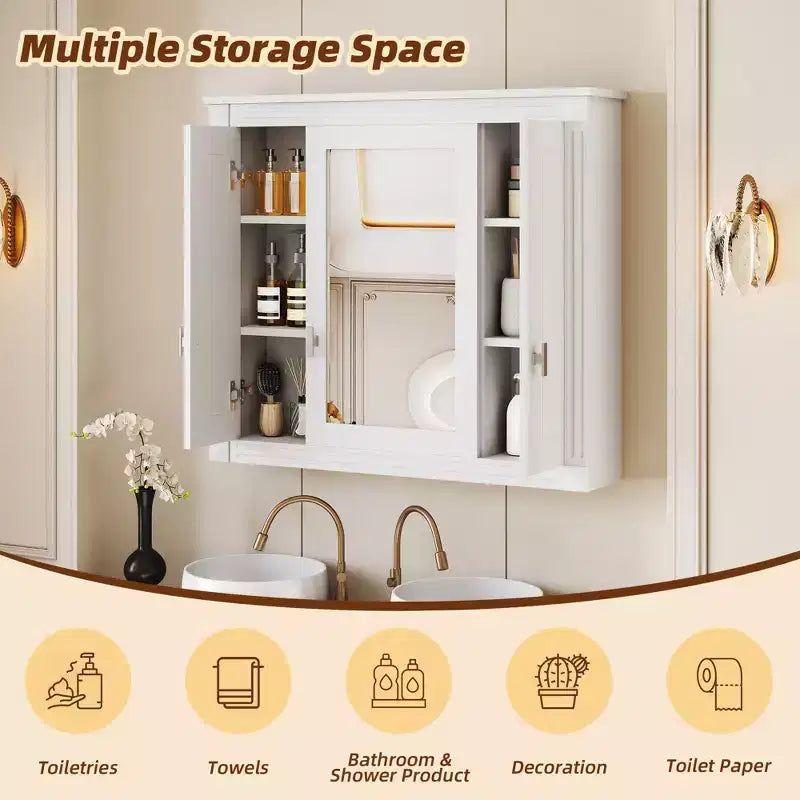 Armoire de salle de bain murale avec miroir et 4 étagères, organiseur de salle de bain peu encombrant