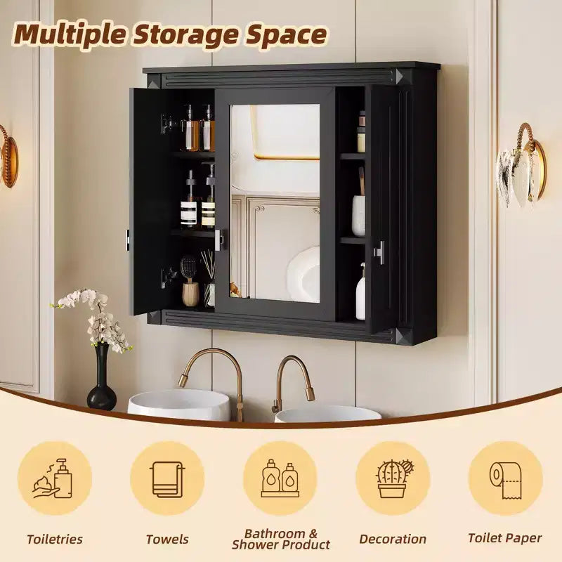 Armoire de salle de bain murale avec miroir et 4 étagères, organiseur de salle de bain peu encombrant