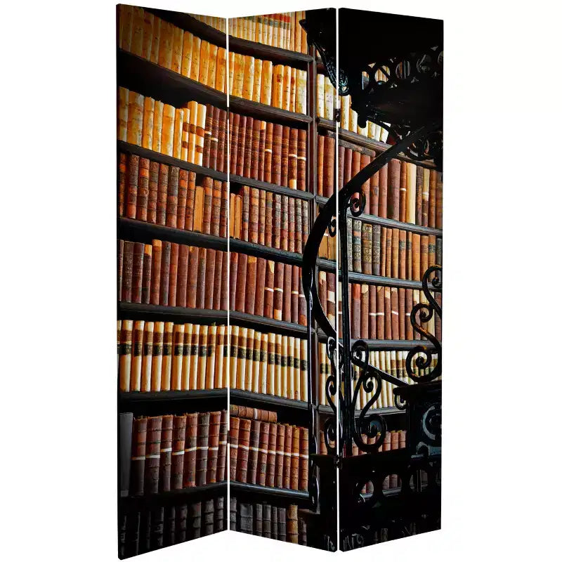 Paravent double face en toile, motif bibliothèque, 6 pouces, marron