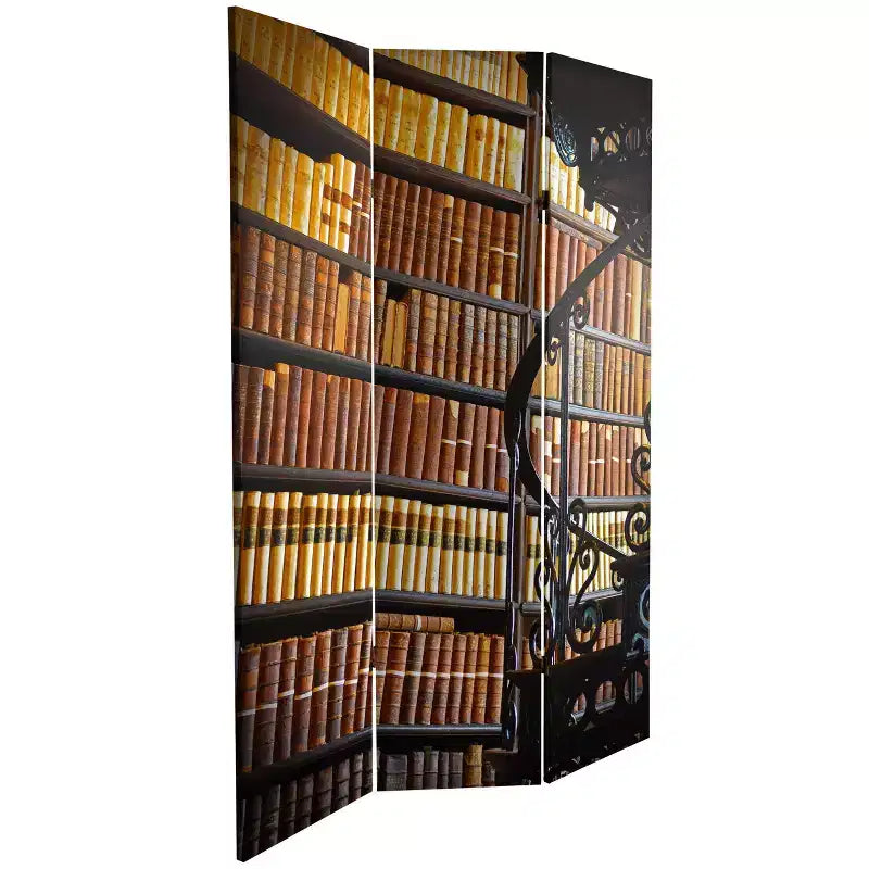 Paravent double face en toile, motif bibliothèque, 6 pouces, marron